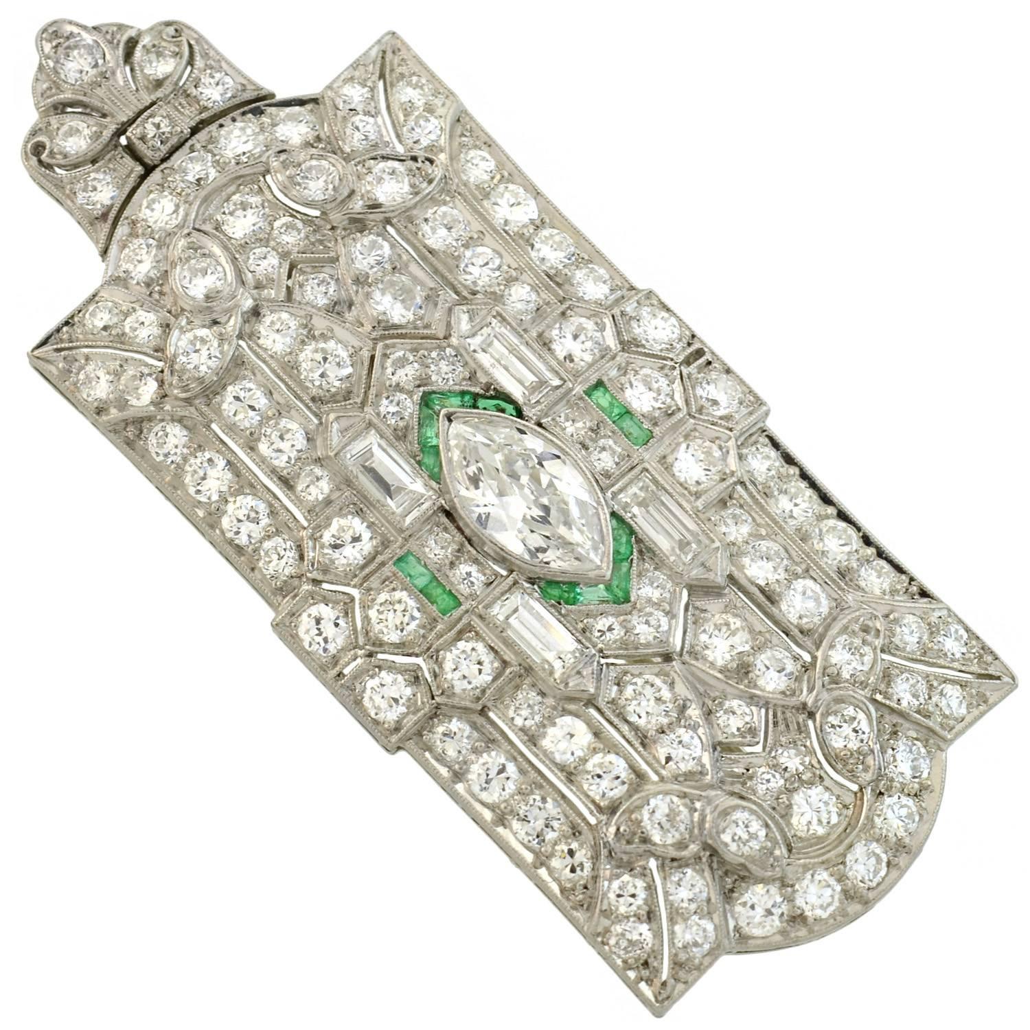 Art Deco Emerald Diamond Encrusted Pin or Pendant with Removable Bail In Excellent Condition In Narberth, PA