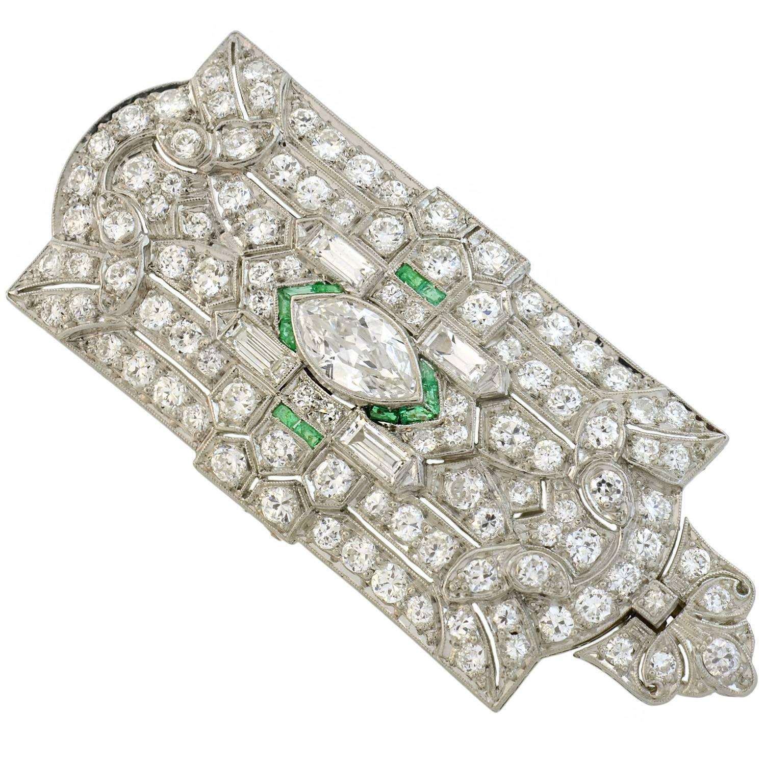 Art Deco Emerald Diamond Encrusted Pin or Pendant with Removable Bail 1