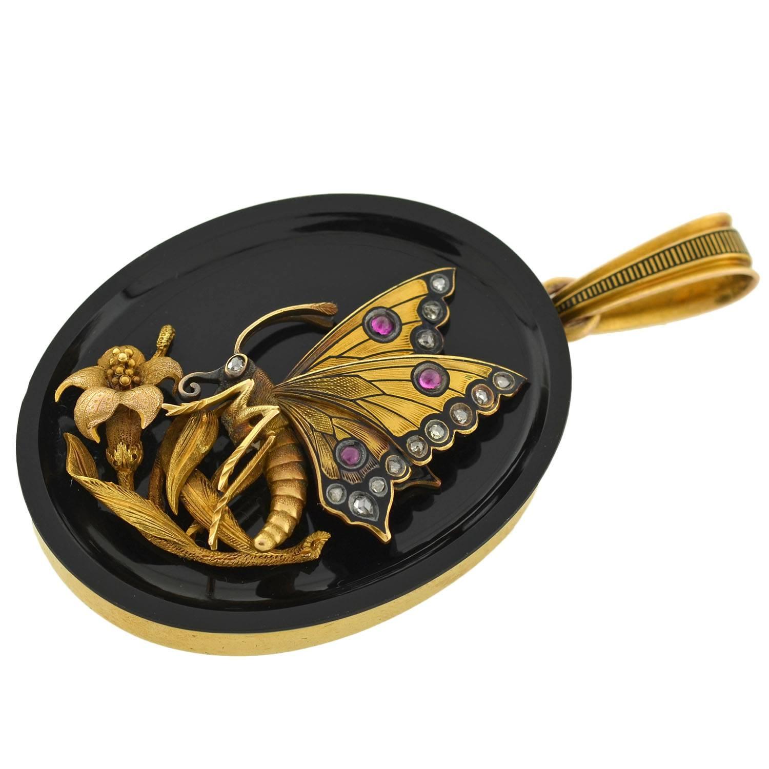 Victorian Raised Butterfly Onyx Gold Locket with Diamonds 2