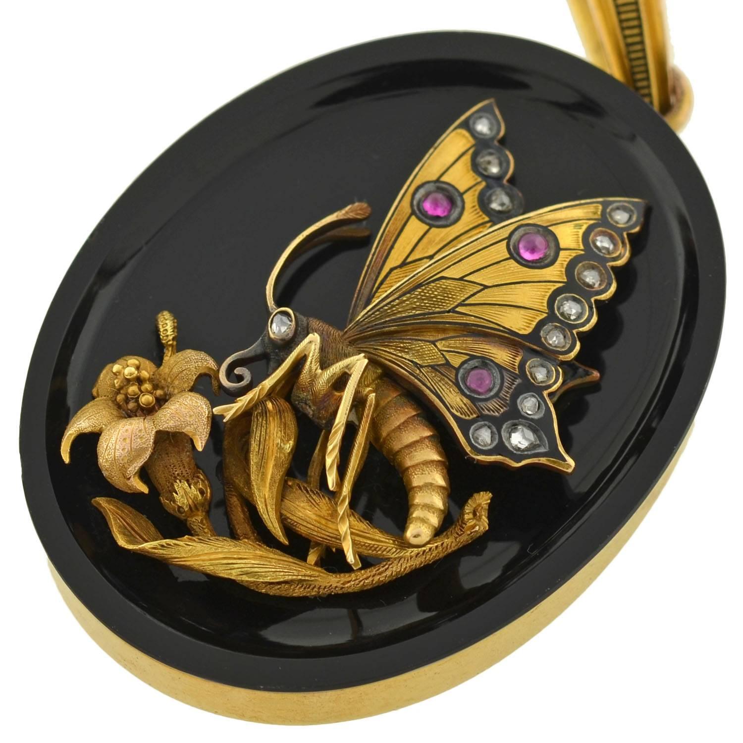 Women's Victorian Raised Butterfly Onyx Gold Locket with Diamonds