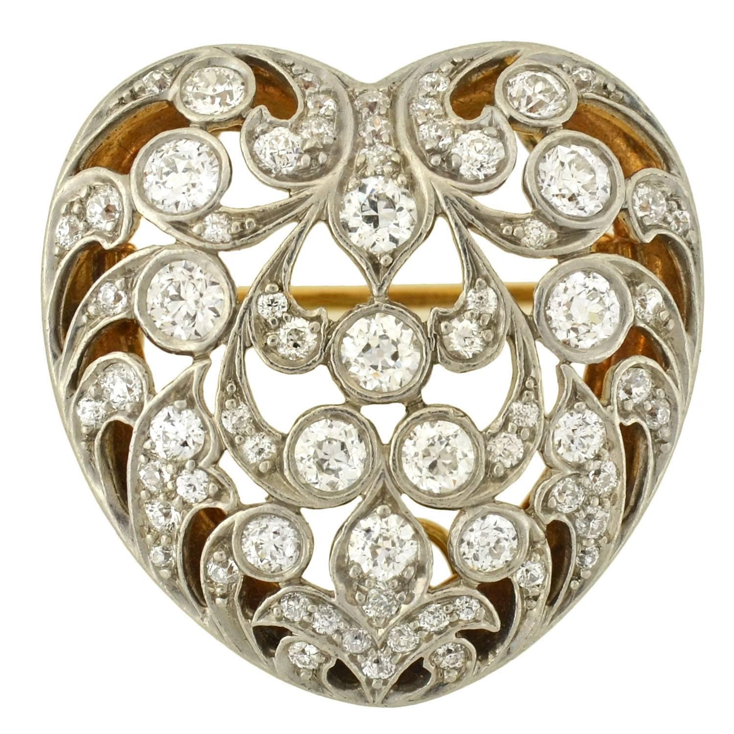 TIFFANY & CO. Edwardian Diamond & Gold Heart Pin/Pendant In Excellent Condition In Narberth, PA