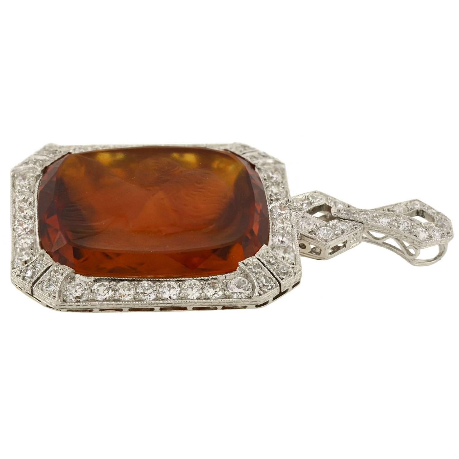 Art Deco Diamond and Carved Citrine Cameo Platinum Pendant In Good Condition For Sale In Narberth, PA