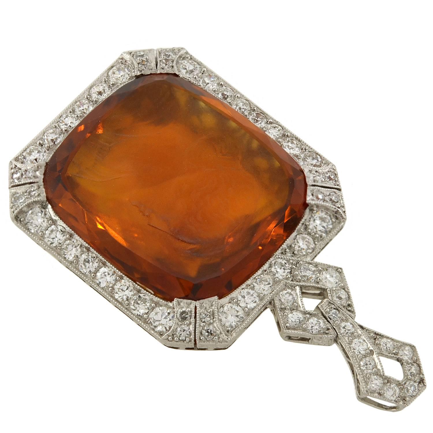 Women's Art Deco Diamond and Carved Citrine Cameo Platinum Pendant For Sale