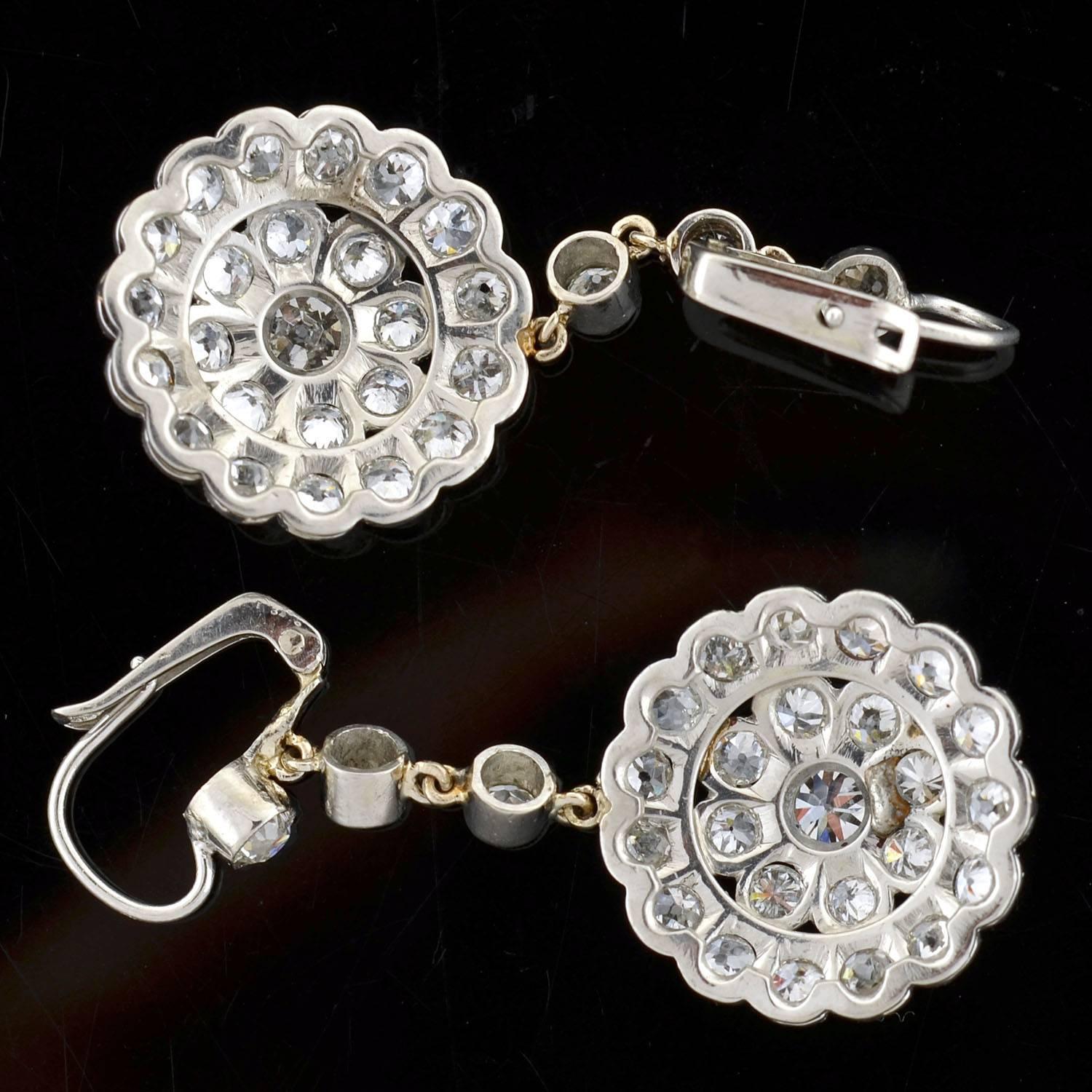 Late Art Deco Diamond Cluster Platinum Earrings 4.20ctw 4