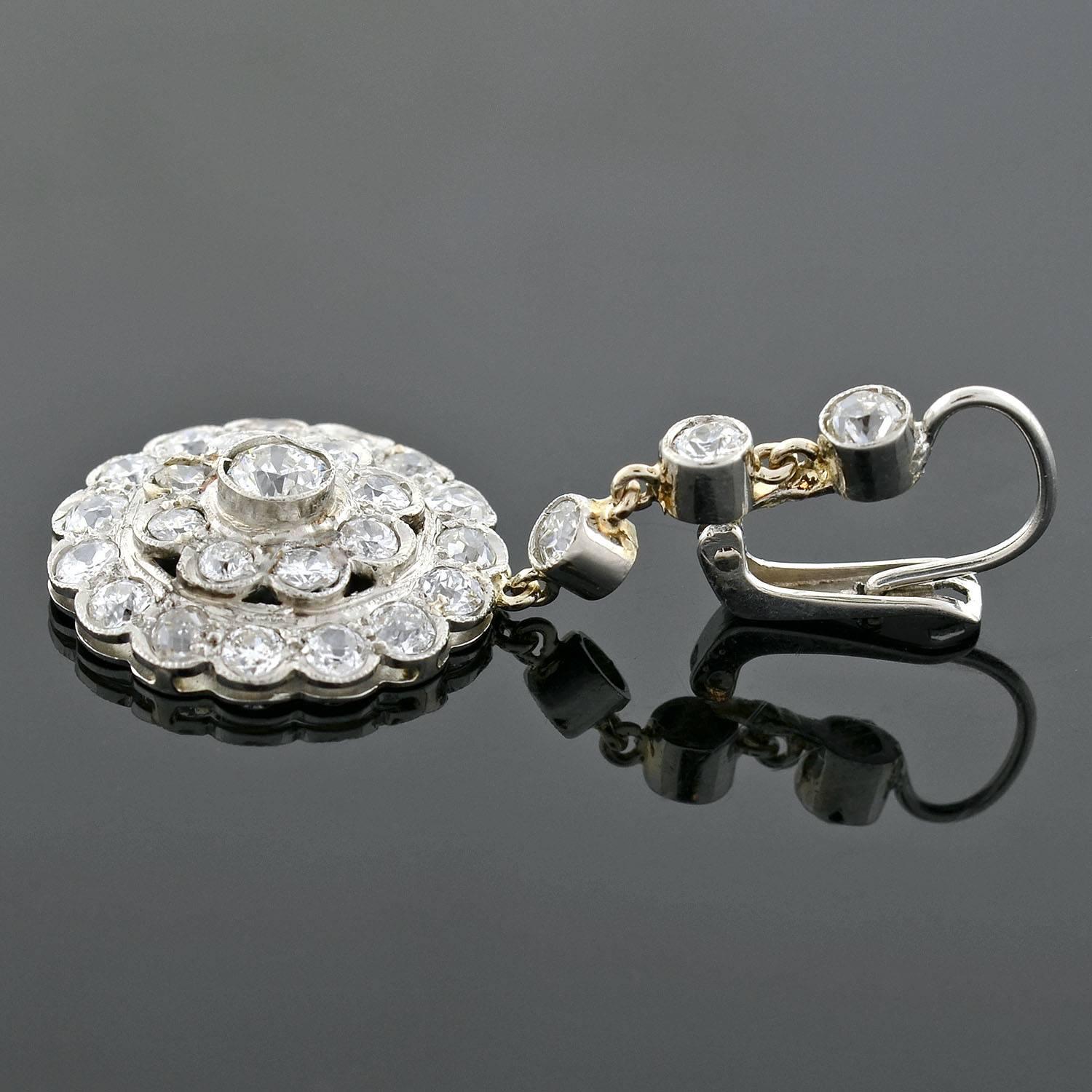Late Art Deco Diamond Cluster Platinum Earrings 4.20ctw 2