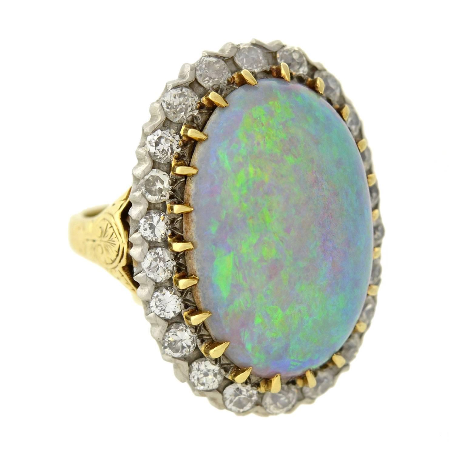 Exquisite Victorian Large Opal Diamond Gold & Sterling Ring