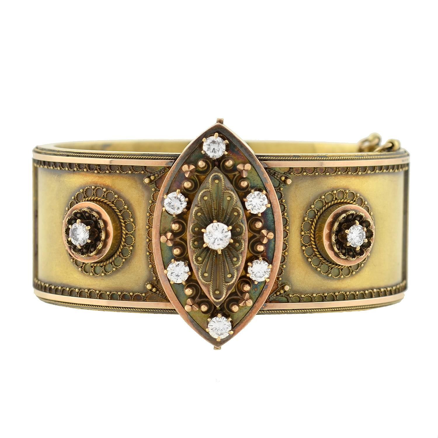 Victorian Etruscan 1.55 Total Carat Diamond Hinge Bangle Bracelet