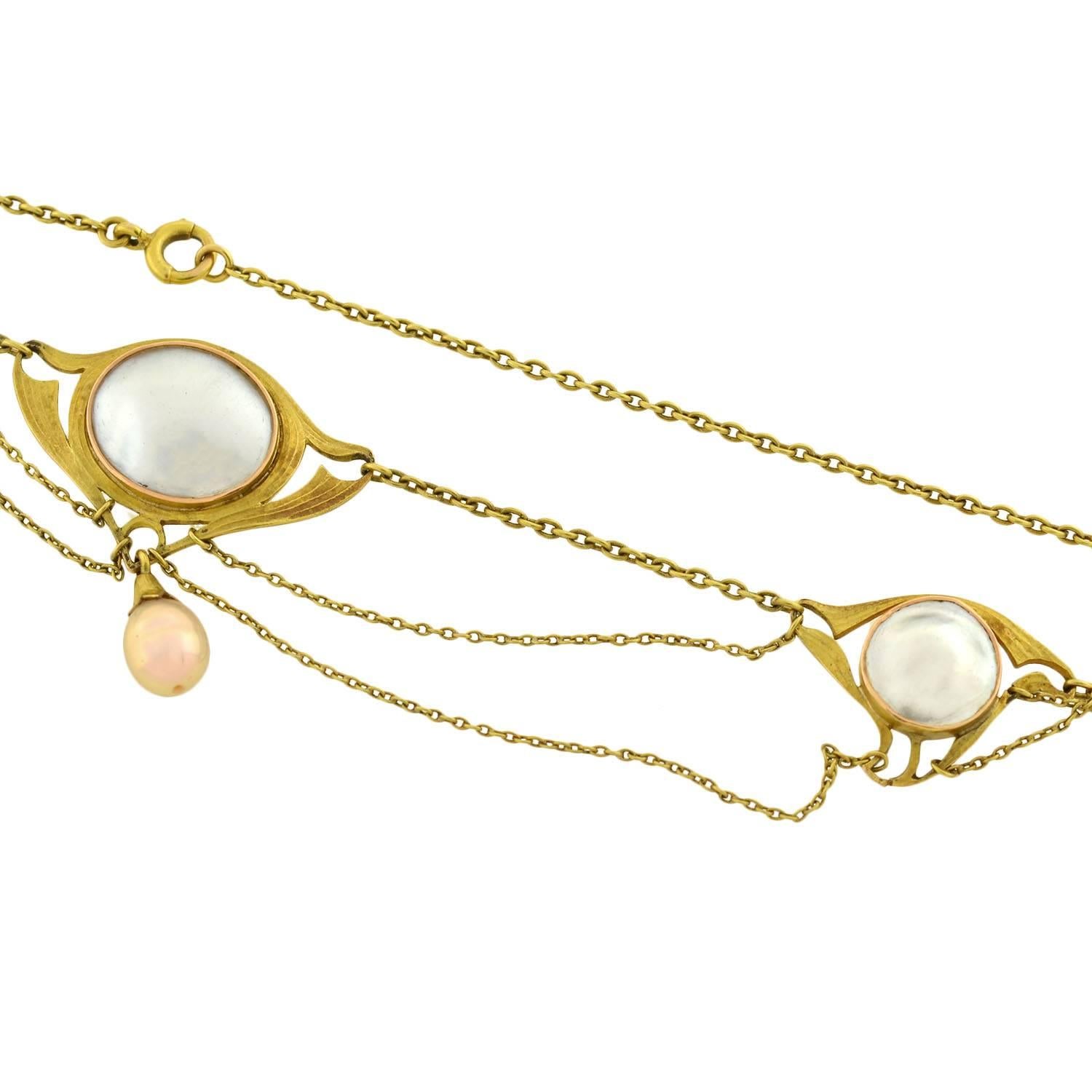 Women's Art Nouveau Blister Pearl Festoon Gold Necklace