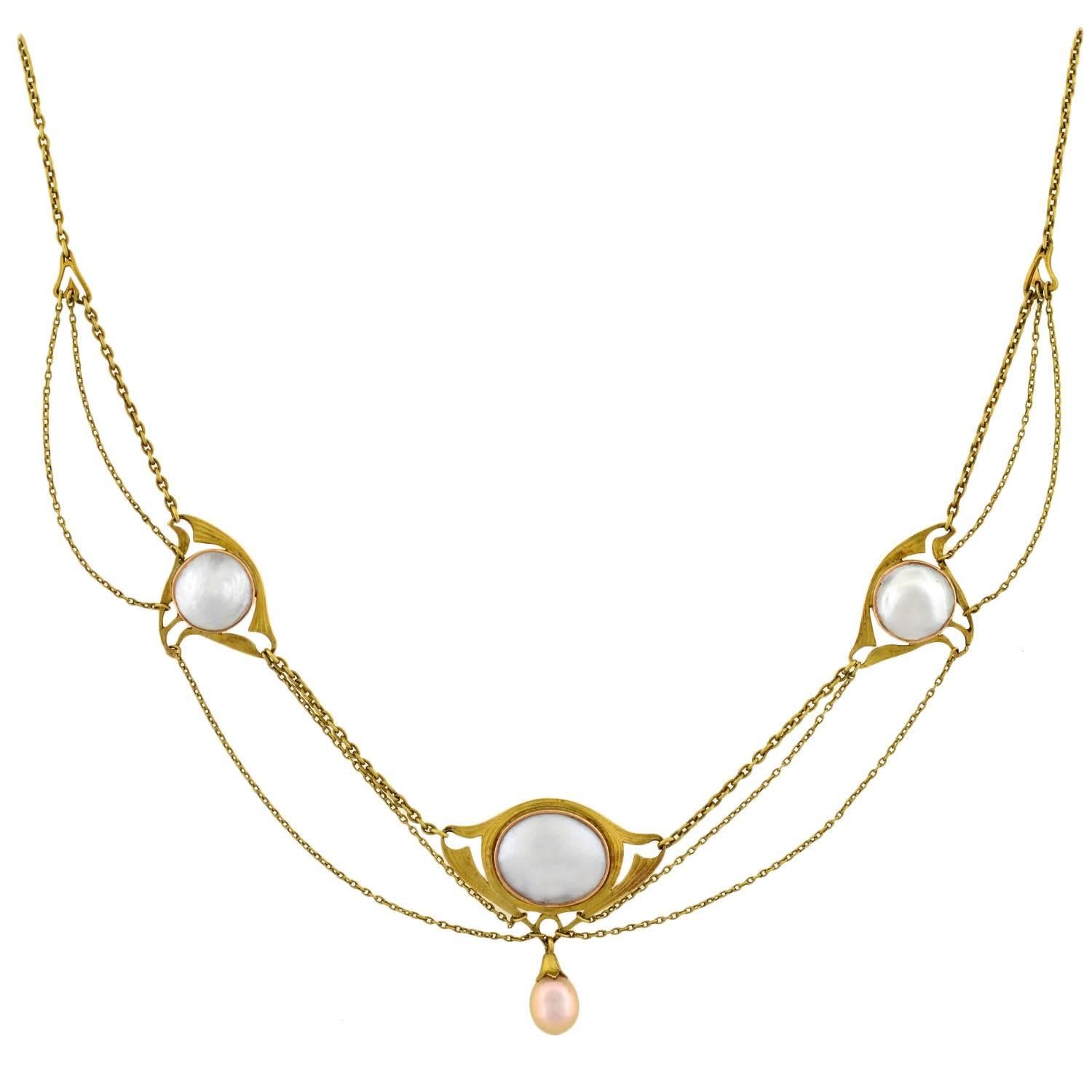 Art Nouveau Blister Pearl Festoon Gold Necklace