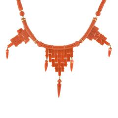 Victorian Carved Coral Link Festoon Style Gold Necklace