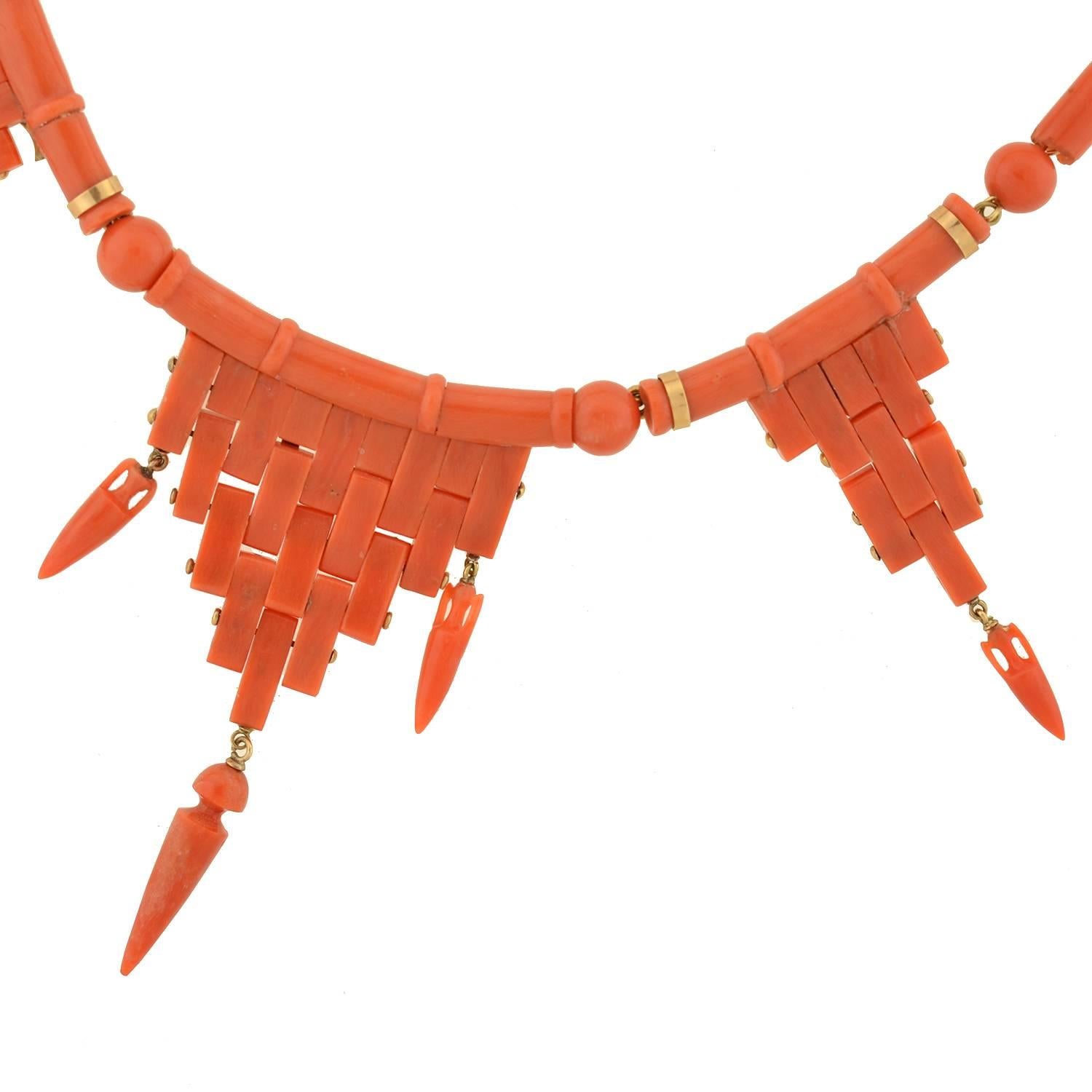 Women's Victorian Carved Coral Link Festoon Style Gold Necklace