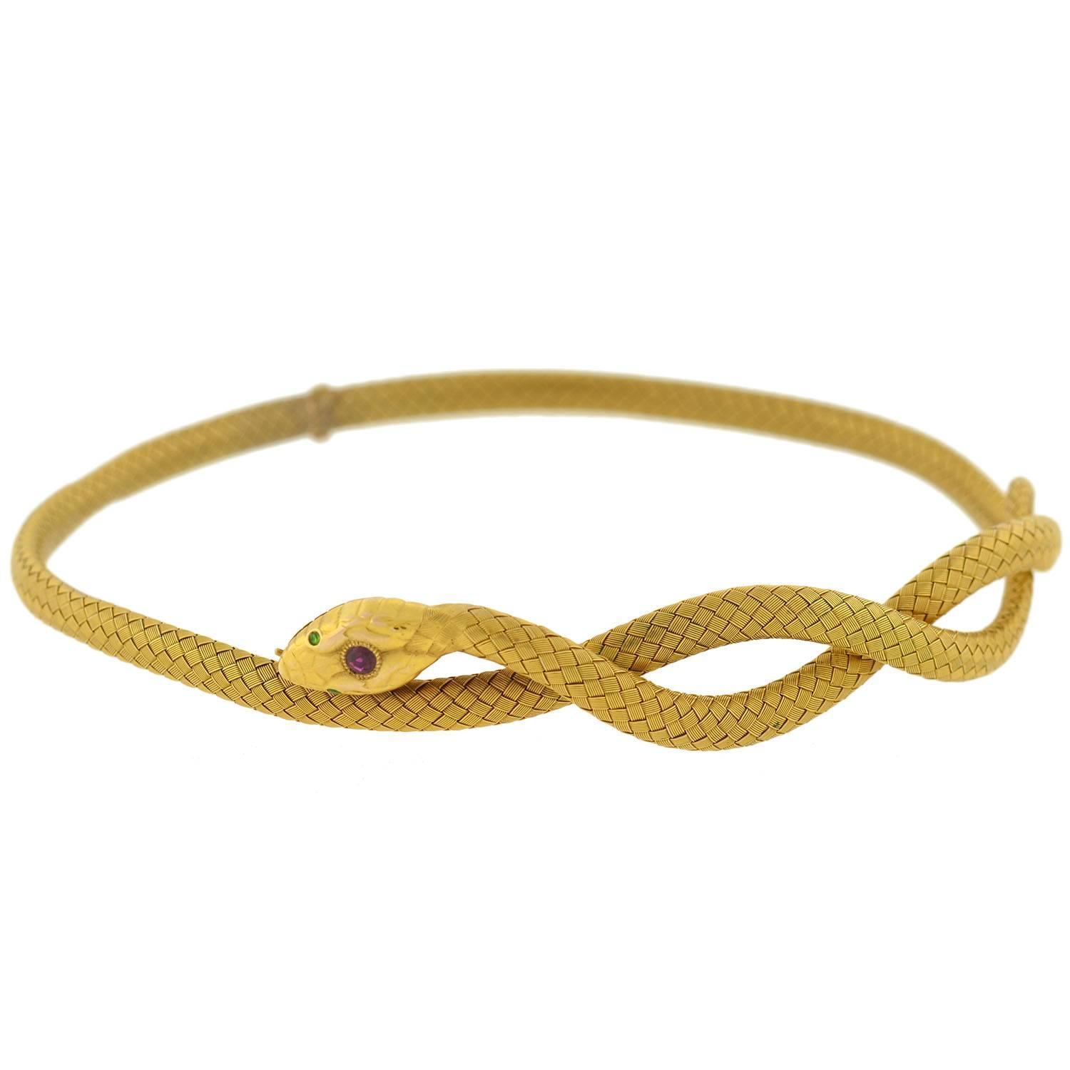 Victorian Gemstone Woven Gold Snake Choker Necklace at 1stdibs