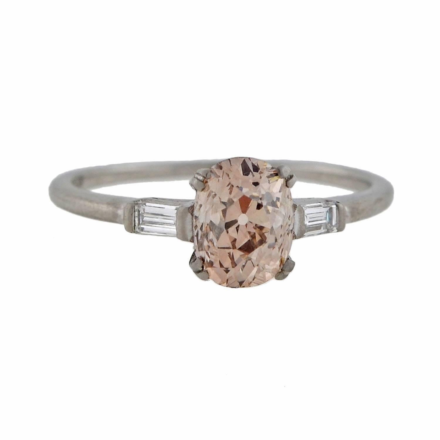 Art Deco Champagne Colored Cushion Cut Diamond Engagement Ring 1.22ct