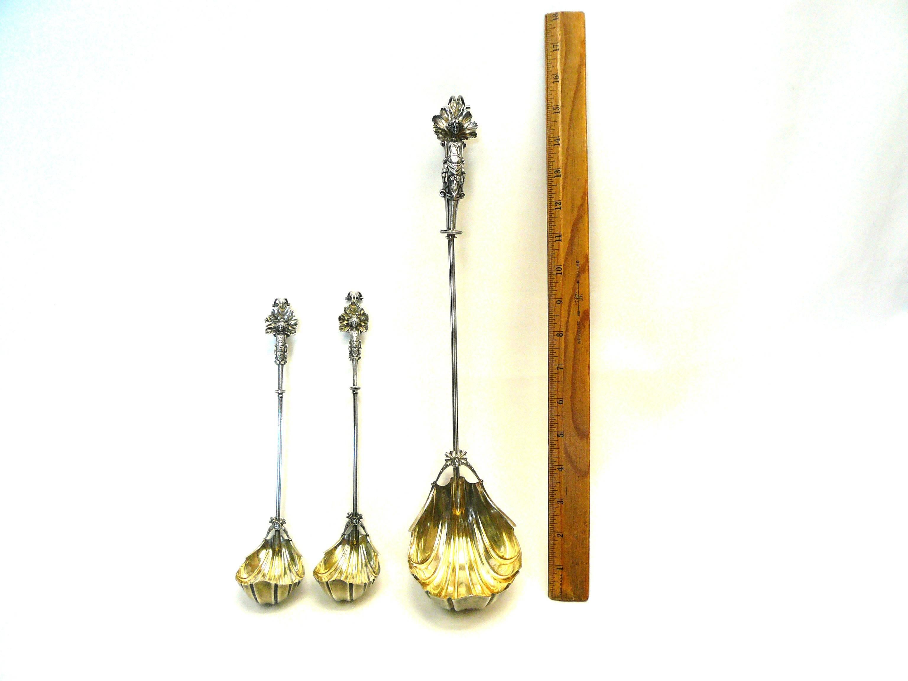 Late Victorian Wood & Hughes Sterling Ladle Set Lady and Leaf Pattern For Sale 2