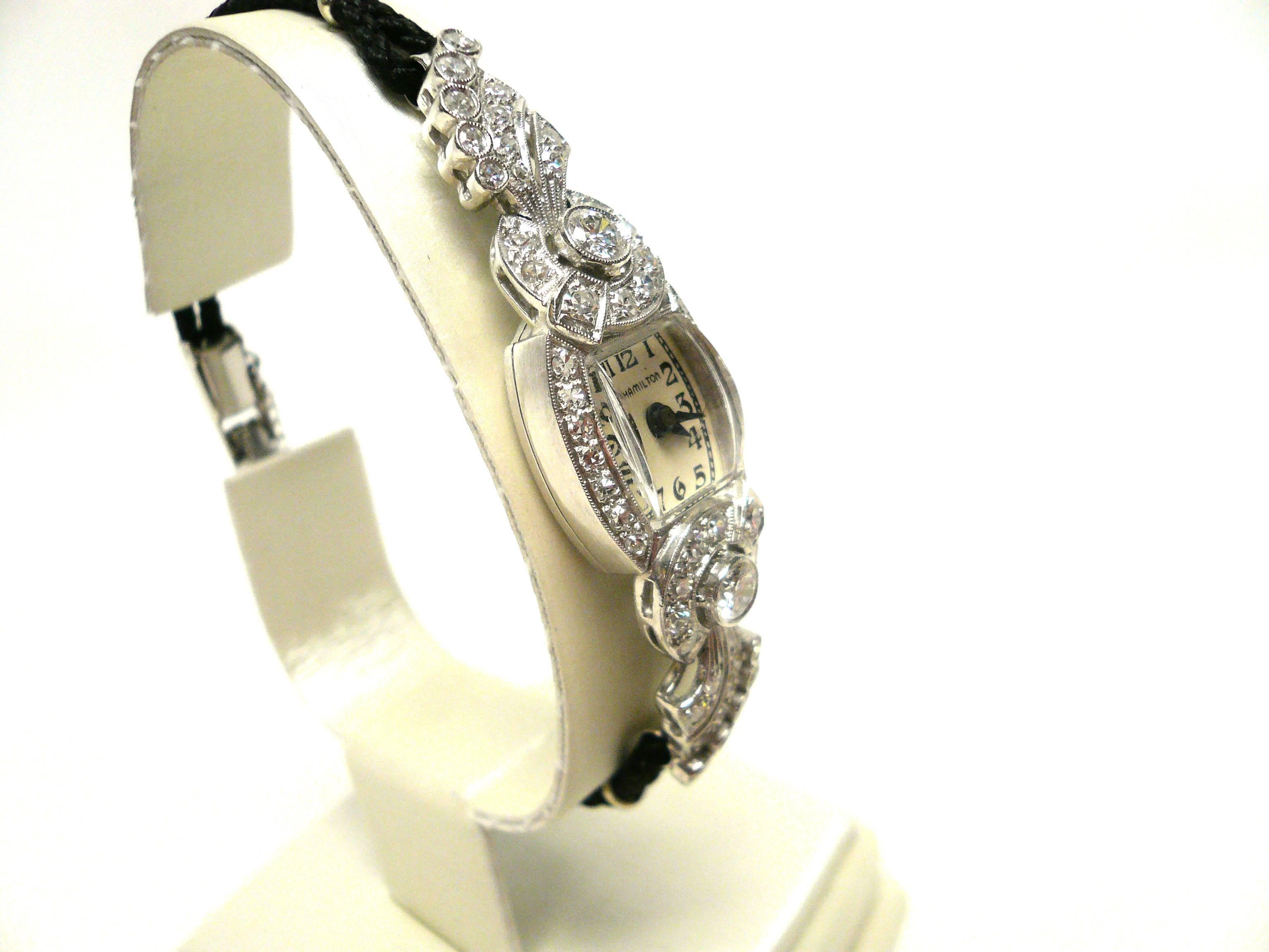 Hamilton Lady's Platinum Diamond Dress Wristwatch In Excellent Condition In BLOOMINGTON,, MN