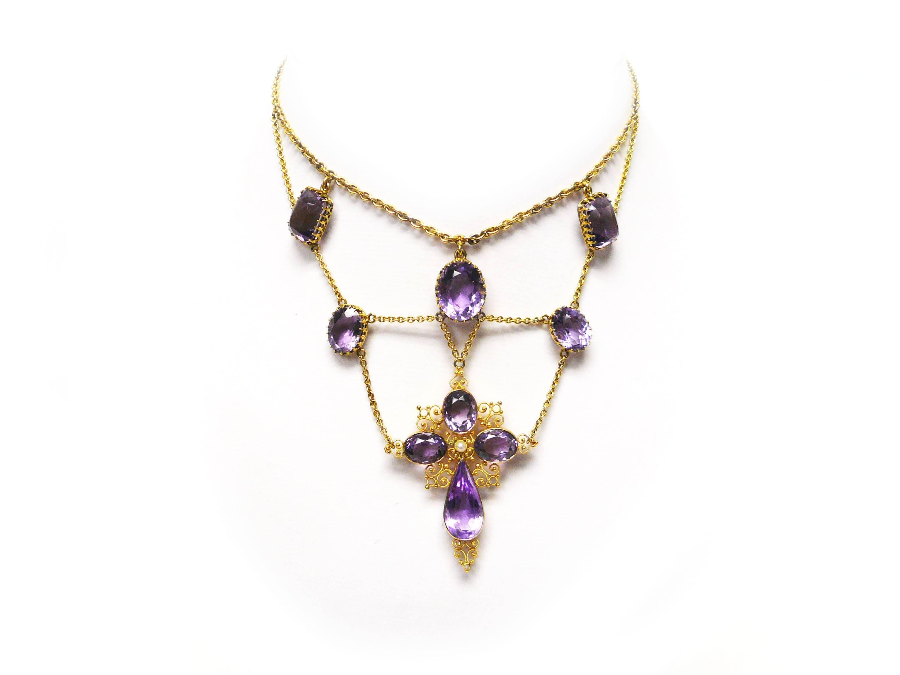 1880s Victorian Amethyst Gold Cross Swag Necklace For Sale 2