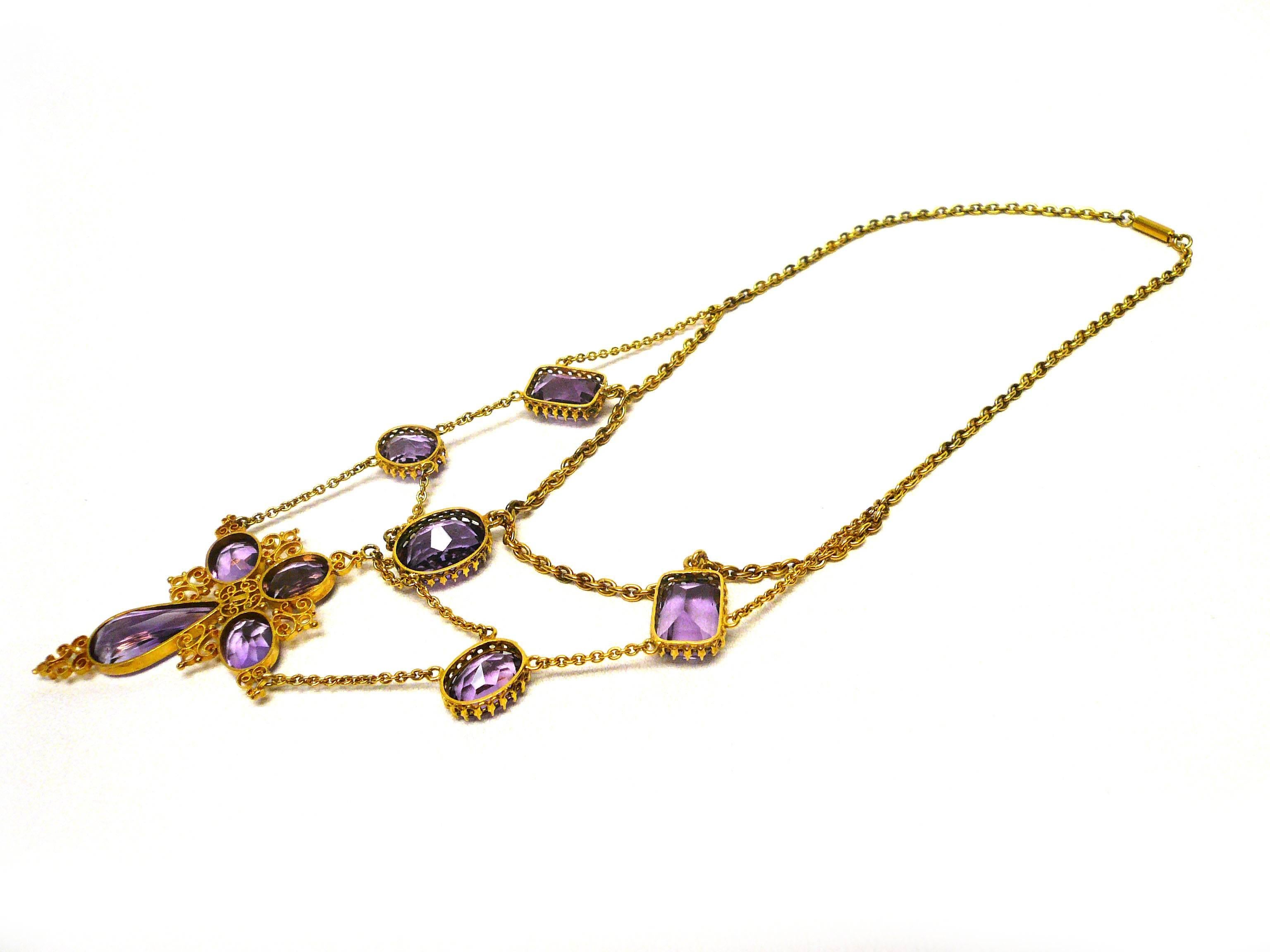 1880s Victorian Amethyst Gold Cross Swag Necklace In Excellent Condition For Sale In BLOOMINGTON,, MN