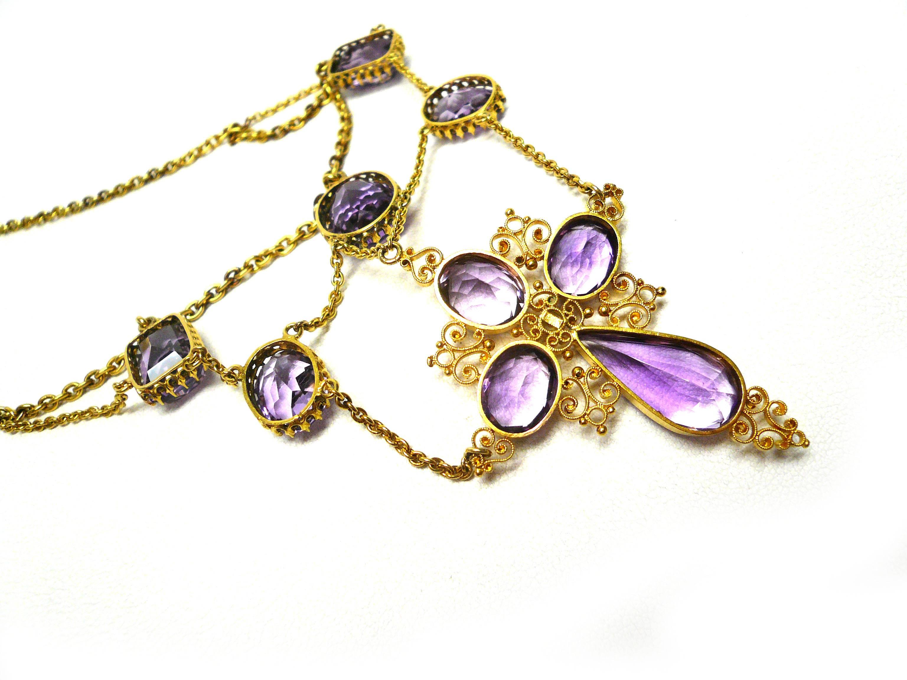 Women's 1880s Victorian Amethyst Gold Cross Swag Necklace For Sale