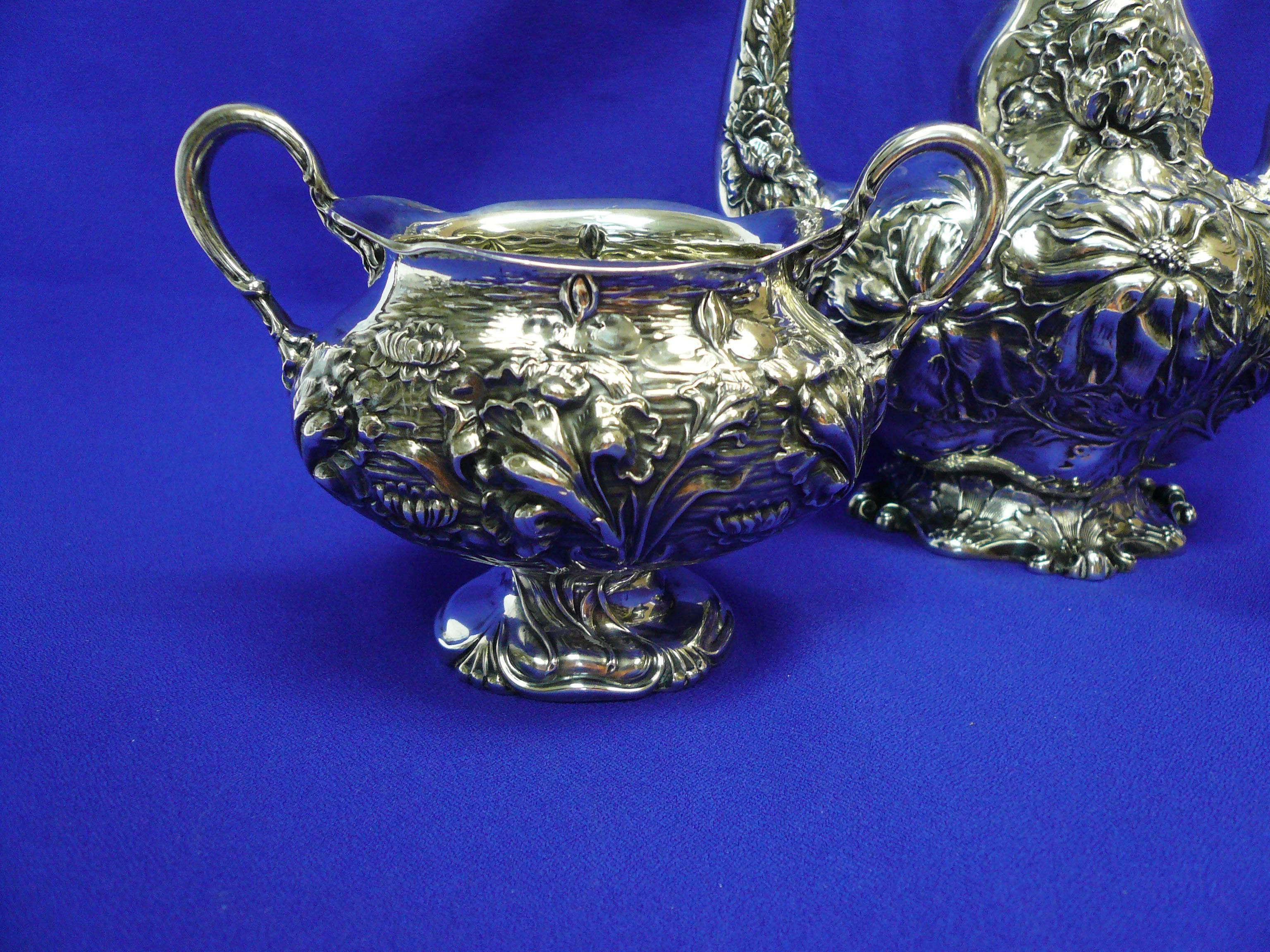 Women's or Men's Art Nouveau Antique Unger Brothers Sterling Silver Three-Piece Demitasse Set For Sale