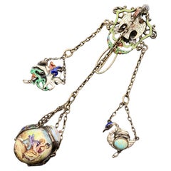 Antique Austro Hungarian Silver Enamel Perfume Pomander Chatelaine Pin 19th cent