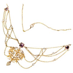 Antique Art Nouveau Gold Amethyst and Seed Pearls Festoon Necklace