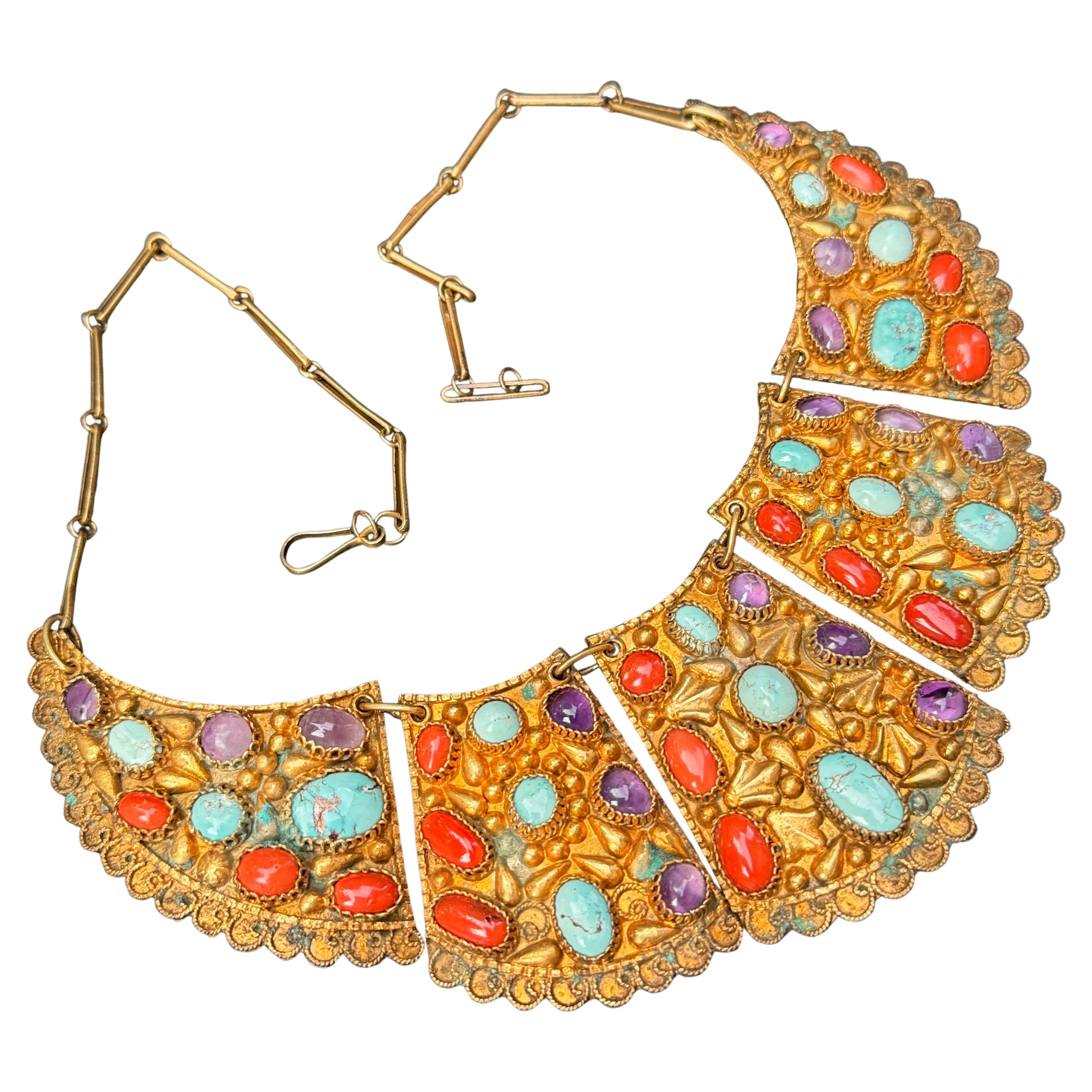 1920s Gold Gilt silver Gemstones bib necklace and matching Bracelet Original box