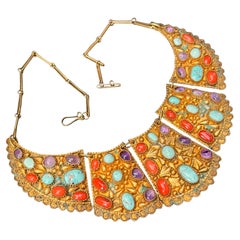 1920s Gold Gilt silver Gemstones bib necklace and matching Bracelet Original box