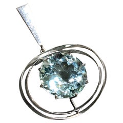 Estate Retro 18K White Gold Round Aquamarine Pendant Necklace 25.40ct