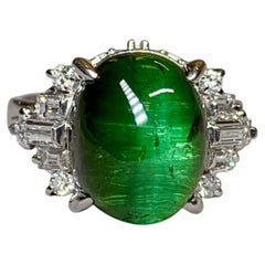 Estate Platinum High Cabochon Cats Eye Green Tourmaline & Diamond Cocktail Ring