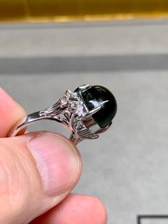 Estate Platinum High Cabochon Cats Eye Green Tourmaline & Diamond Cocktail Ring