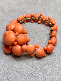 Antique Victorian 14K Coral Cabochon Hidden Clasp Bracelet 7”