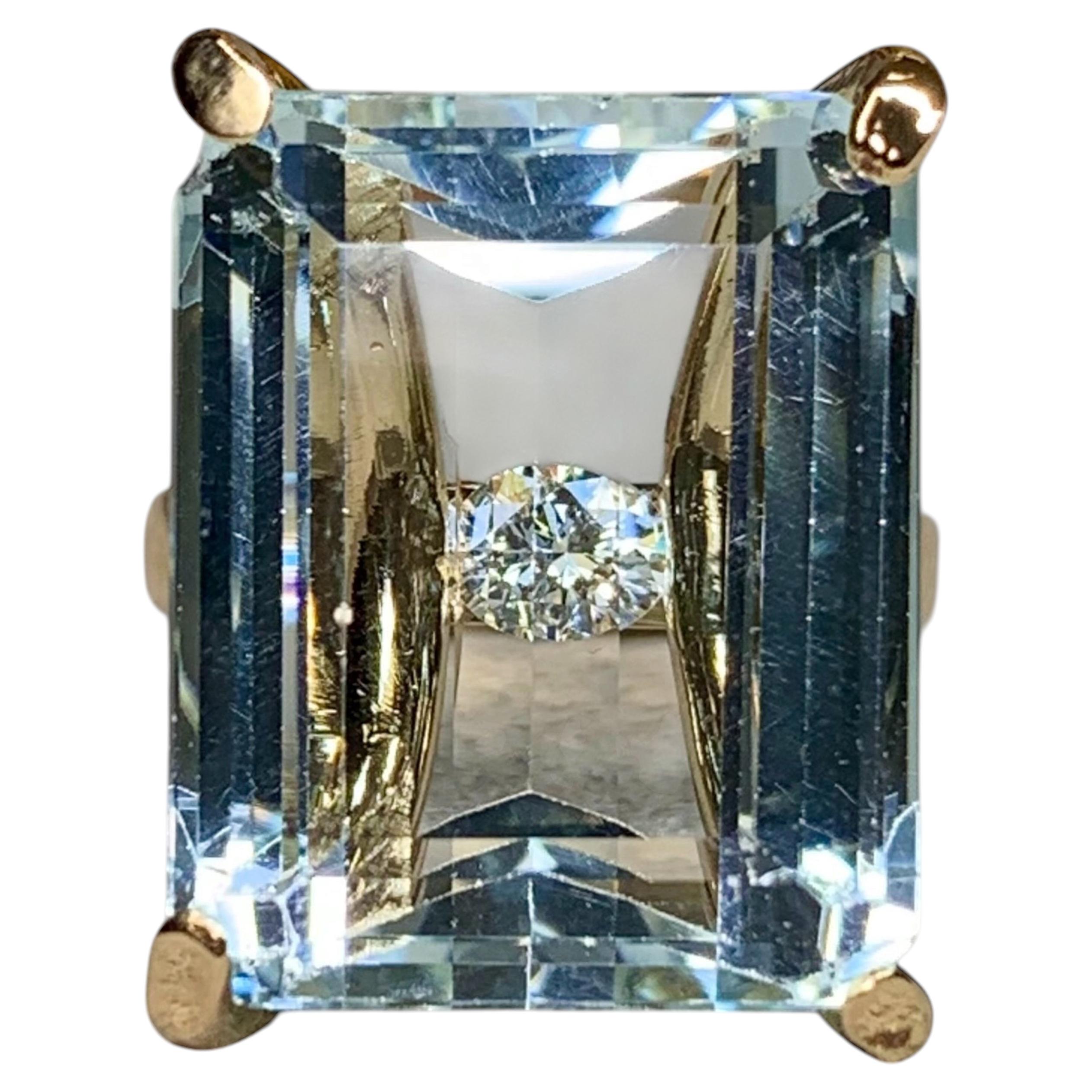 Estate 18K Emerald Cut Aquamarine Peekaboo Diamond Italian Cocktail Ring 26ct