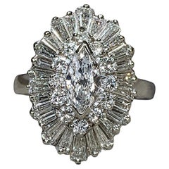 Vintage Platinum Marquise Baguette Diamond Ballerina Cocktail Ring By Palais NY