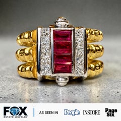 Estate 18K Vivid Ruby Baguette & Princess Diamond Heavy Bamboo Cocktail Ring
