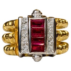 Estate 18K Vivid Ruby Baguette & Princess Diamond Heavy Bamboo Cocktail Ring