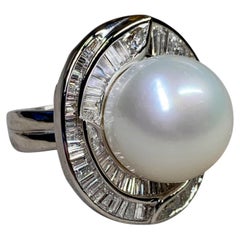 Estate Platinum South Sea Pearl Baguette & Pear Diamond Large Cocktail Ring