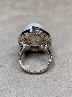 Estate Platinum South Sea Pearl Baguette & Pear Diamond Large Cocktail Ring