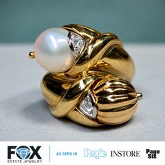 Estate 18K Yellow Gold Diamond Pearl Large Fluted Bypass Cocktail Ring