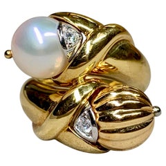 Estate 18K Yellow Gold Diamond Pearl Large Fluted Bypass Cocktail Ring