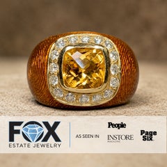 Estate 18K Yellow Gold Diamond & Citrine Guilloché Enamel Statement Ring