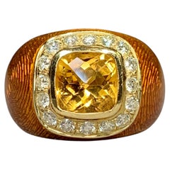 Estate 18K Yellow Gold Diamond & Citrine Guilloché Enamel Statement Ring