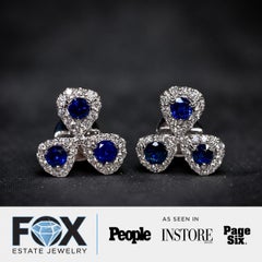 Estate 18K White Gold Diamond & Sapphire Clover Stud Earrings