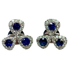 Estate 18K White Gold Diamond & Sapphire Clover Stud Earrings