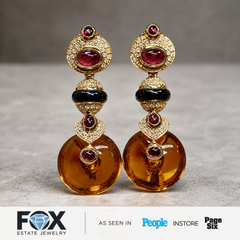 Estate 18K Diamond Cabochon Ruby Onyx & Citrine Disc Long Drop Dangle Earrings