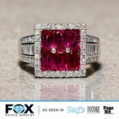 Contemporary 18K Vivid Red Emerald Cut Ruby And Diamond Geometric Cocktail Ring