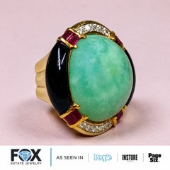 Vintage Cabochon Jade Diamond Ruby & Onyx Large Cocktail Ring GIA