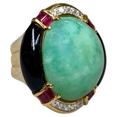 Vintage Cabochon Jade Diamond Ruby & Onyx Large Cocktail Ring GIA