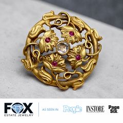 Antike Jugendstil-Brosche aus 18-karätigem Gelbgold mit Rubin und Diamanten im Rosenschliff, um 1910