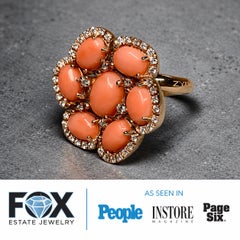Estate Zydo Cocktailring aus 18 Karat Gelbgold mit Cabochon-Koralle, Diamanten und Blumenmotiv, italienische Herstellung
