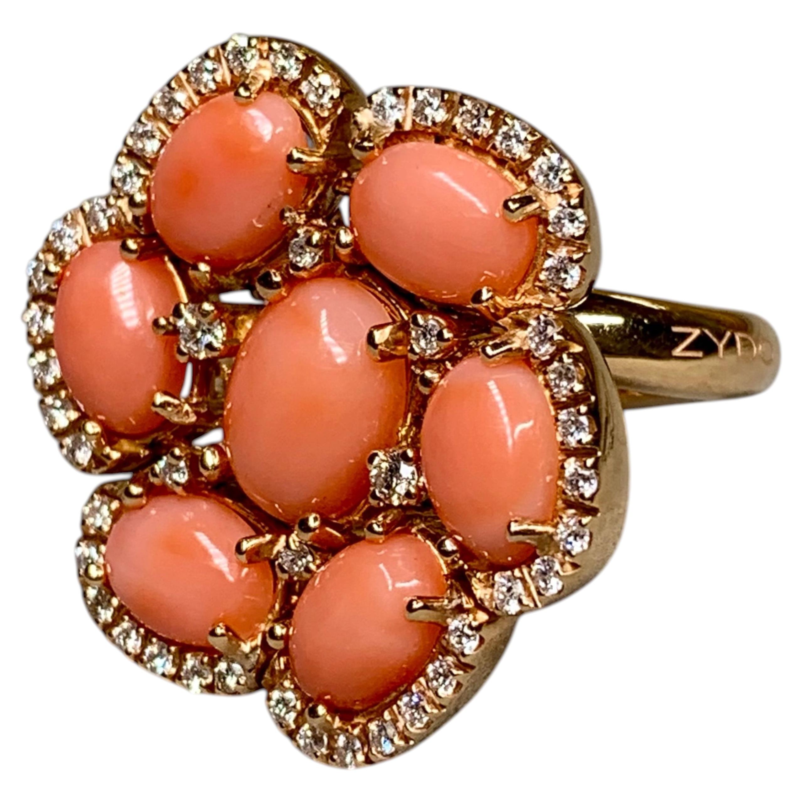 Pre-owned Zydo Estate  18k Yellow Gold Cabochon Coral Diamond Floral Italian Cocktail Ring